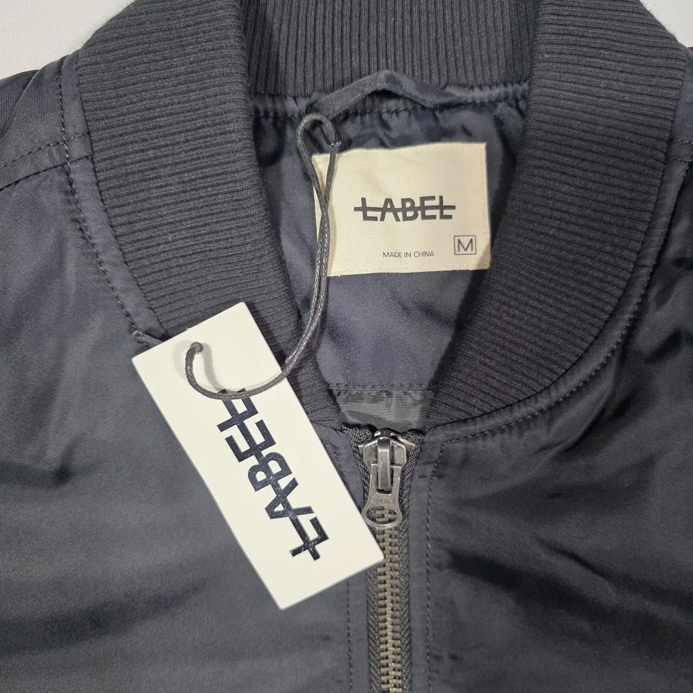Men’s LABEL Black Bomber Jacket Size M New With Tags Nylon Flight Jacket Zip Up